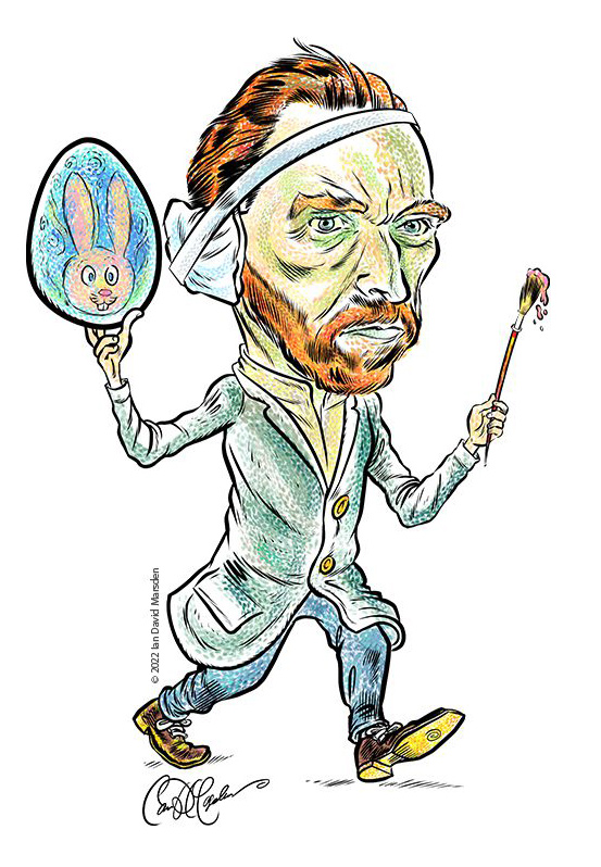 Cartoon caricature of Van Gogh with Easter egg and bunny