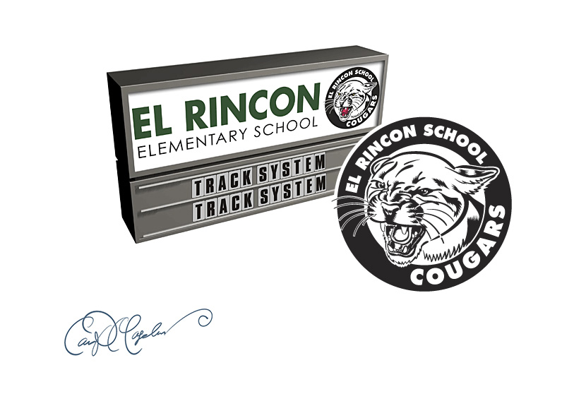 Sign for El Rincon Elementary featuring "Track System" and a cougar emblem with school name.