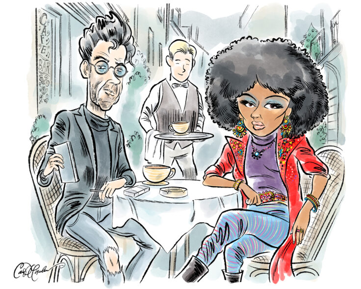 Three people at a cafe table in colorful sketch style: man with glasses, waiter serving, woman in bright outfit and large hair.