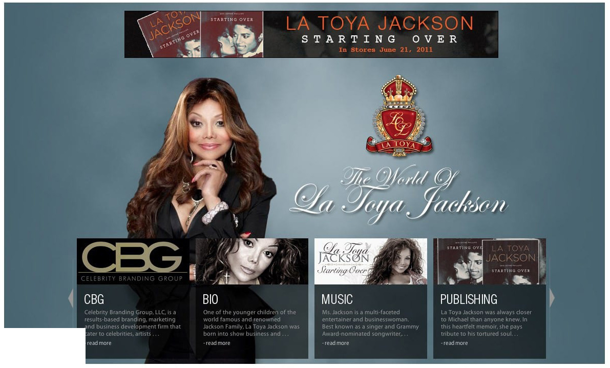 La Toya Jackson "Starting Over" promo with portrait, logo, and highlights of music, bio, publishing.