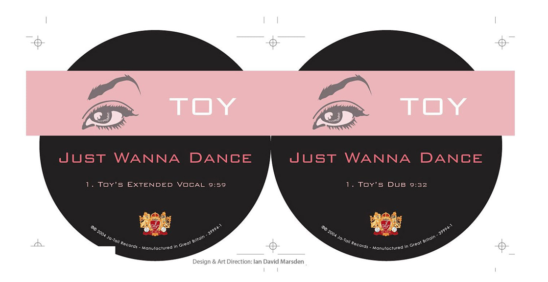 CD label design with TOY logo for La Toya Jackson’s Just Wanna Dance single, designed by Ian David Marsden