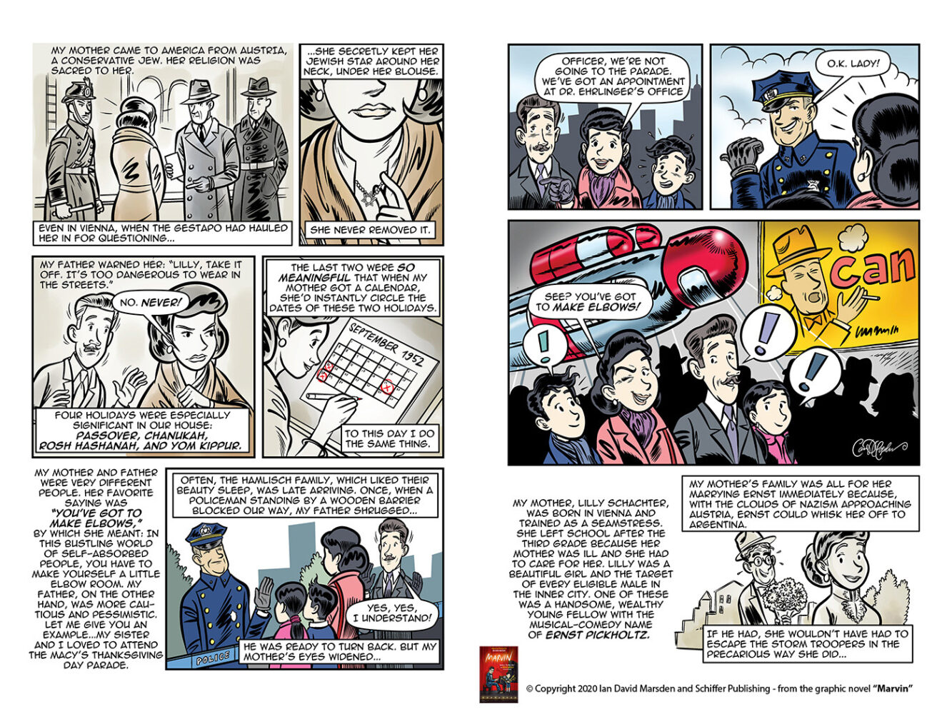 Interior spread from MARVIN by Ian David Marsden showing family-history scenes in Vienna and New York.