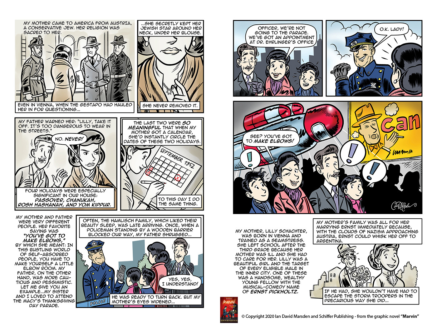 Comic panel on a Jewish woman's experiences escaping Nazi Austria, cultural adaptation in America.