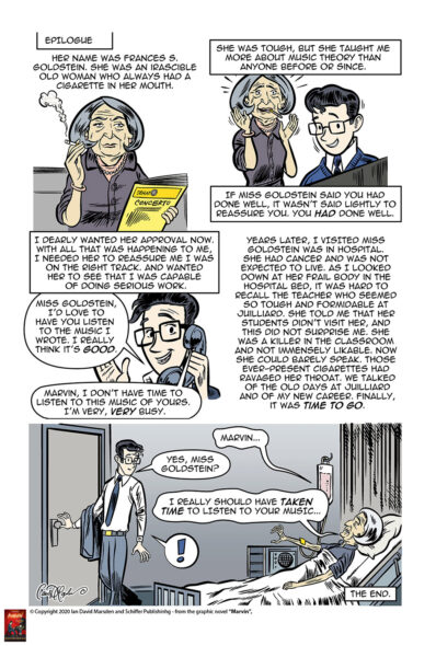 Final epilogue page from MARVIN by Ian David Marsden showing Marvin Hamlisch’s formidable Juilliard teacher Frances S. Goldstein, his attempts to win her approval and his later hospital visit near the end of her life.