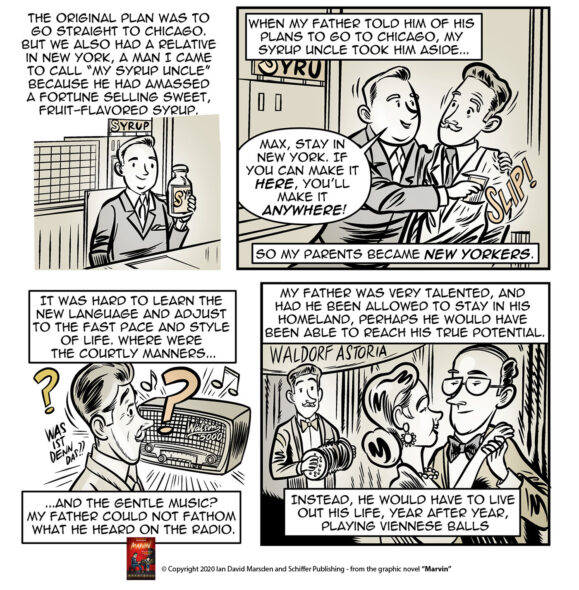 Sepia-toned comic page from MARVIN by Ian David Marsden showing Marvin Hamlisch’s father deciding to stay in New York after emigrating from Europe, adjusting to American life and later playing Viennese waltzes at the Waldorf Astoria.