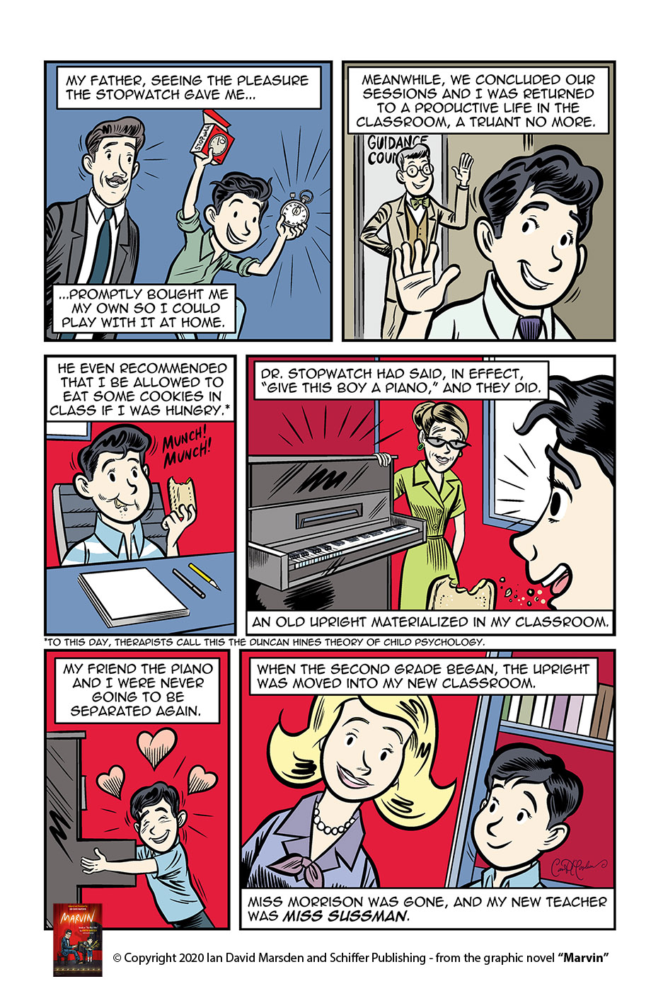 Boy enjoys stopwatch gift from father, guided back to school, bonds with classroom piano.