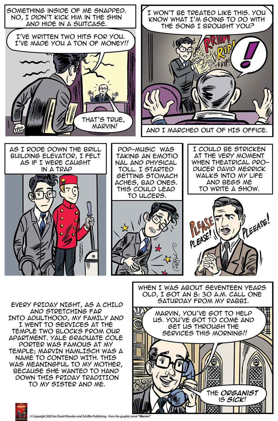 Comic scene from Marvin showing character facing songwriting conflict and emotional exhaustion and a Rabbi's call.