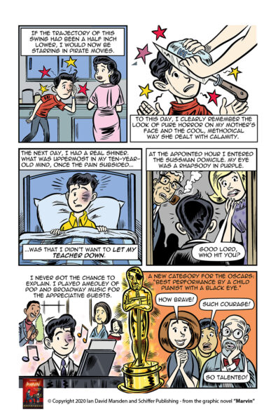 Comic page from MARVIN by Ian David Marsden showing young Marvin Hamlisch injured by a baseball accident, treated by his mother and later performing at the piano with a black eye.