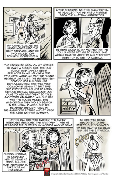 Sepia-toned comic page from MARVIN by Ian David Marsden showing Max Hamlisch reaching Vaduz after fleeing Austria, Lilly preparing to leave Vienna, hiding money inside a bathroom light socket and being searched during eviction.