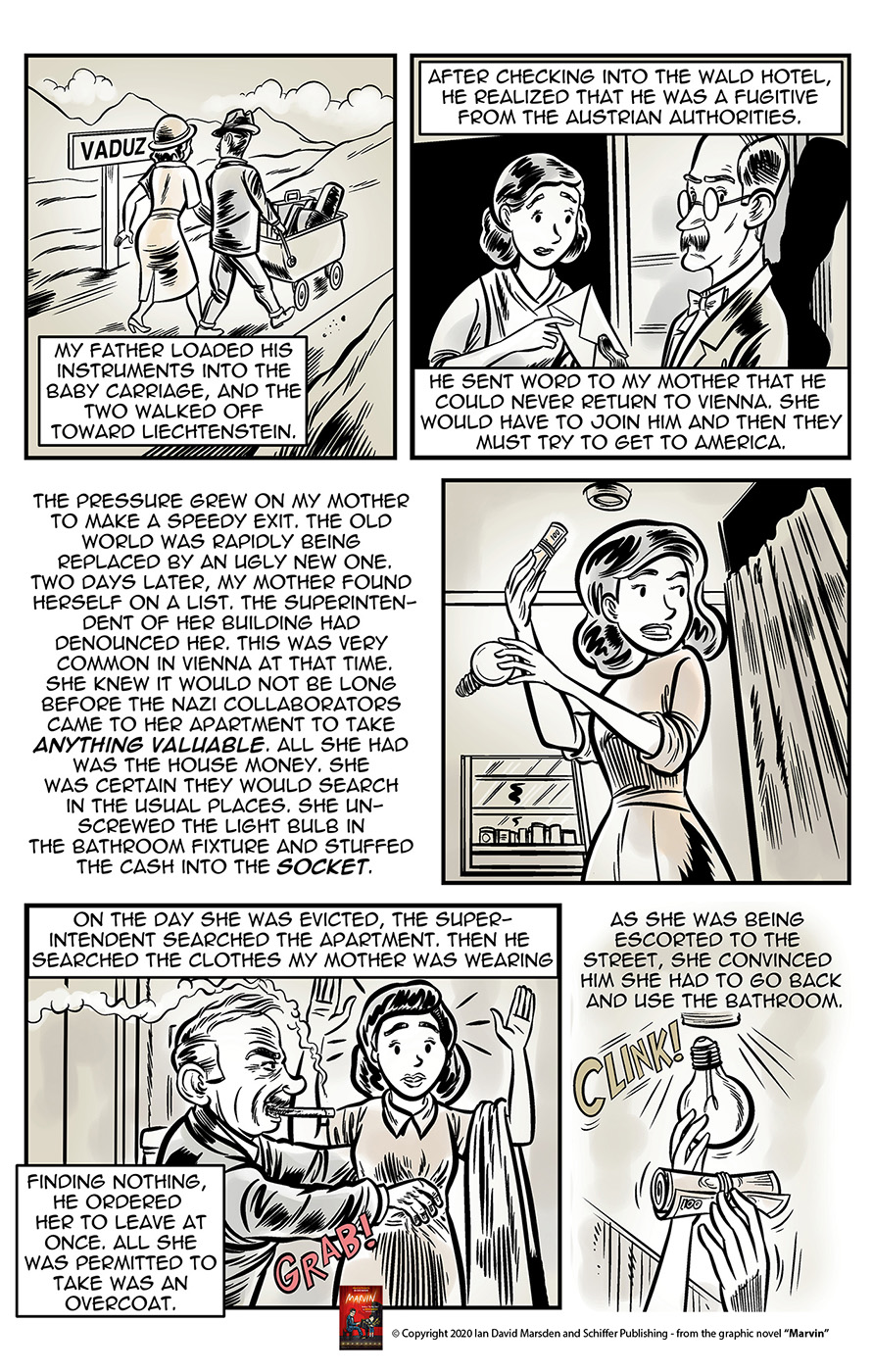 Comic page depicting a family's escape during political unrest, hiding money to avoid confiscation.