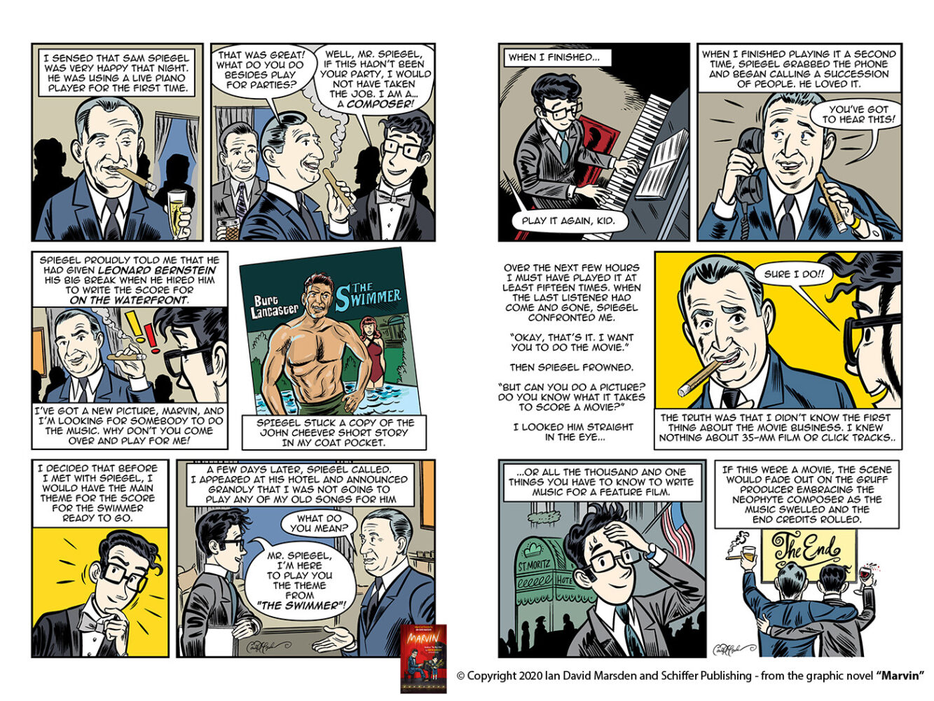 Comic pages from MARVIN by Ian David Marsden showing Marvin Hamlisch meeting producer Sam Spiegel and being invited to score The Swimmer, the 1968 Burt Lancaster film.