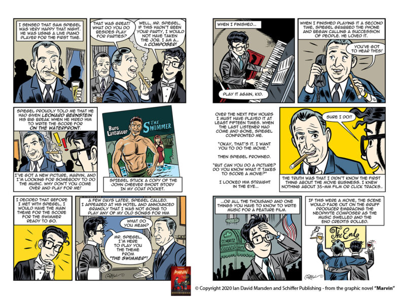 Comic pages from MARVIN by Ian David Marsden showing Marvin Hamlisch meeting producer Sam Spiegel and being invited to score The Swimmer, the 1968 Burt Lancaster film.