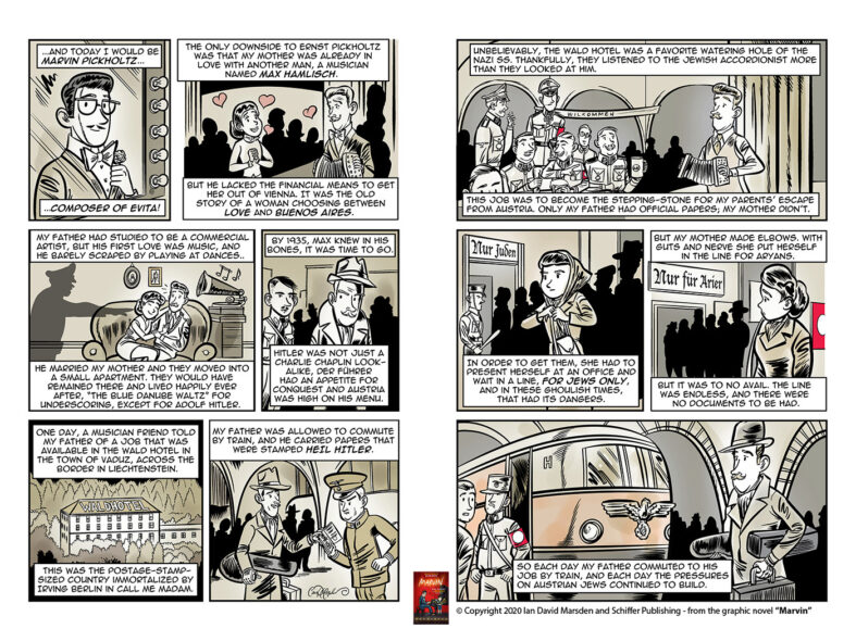 Sepia-toned comic pages from MARVIN by Ian David Marsden showing Marvin Hamlisch’s parents, Max and Lilly, in Nazi-era Austria as they plan escape, seek travel papers and endure growing danger before leaving for safety.