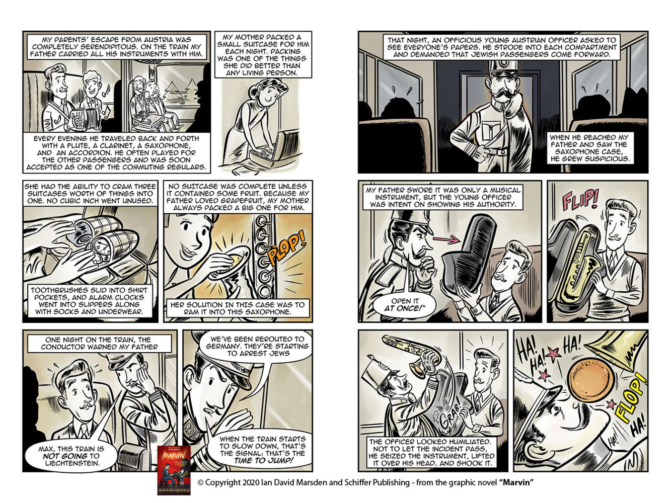Sepia-toned comic spread from MARVIN by Ian David Marsden showing Marvin Hamlisch’s parents escaping Austria, traveling by train with instruments and luggage, being questioned by an Austrian officer and narrowly avoiding suspicion when he discovers a saxophone.