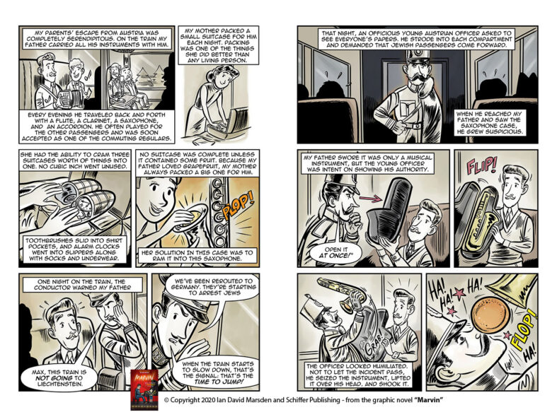 Sepia-toned comic spread from MARVIN by Ian David Marsden showing Marvin Hamlisch’s parents escaping Austria, traveling by train with instruments and luggage, being questioned by an Austrian officer and narrowly avoiding suspicion when he discovers a saxophone.