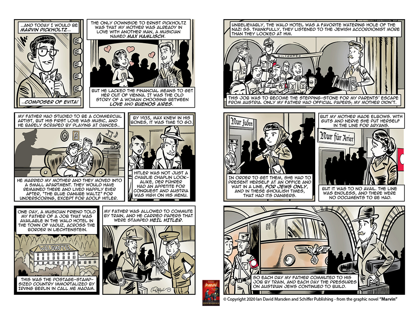 Comic strip detailing Marvin Pickholtz's family's escape from Nazi-occupied Austria.
