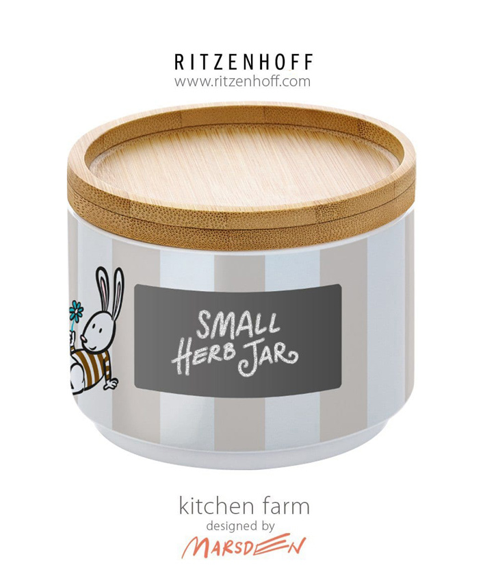 Small herb jar with wooden lid, striped pattern, cartoon rabbit, labeled "Small Herb Jar".