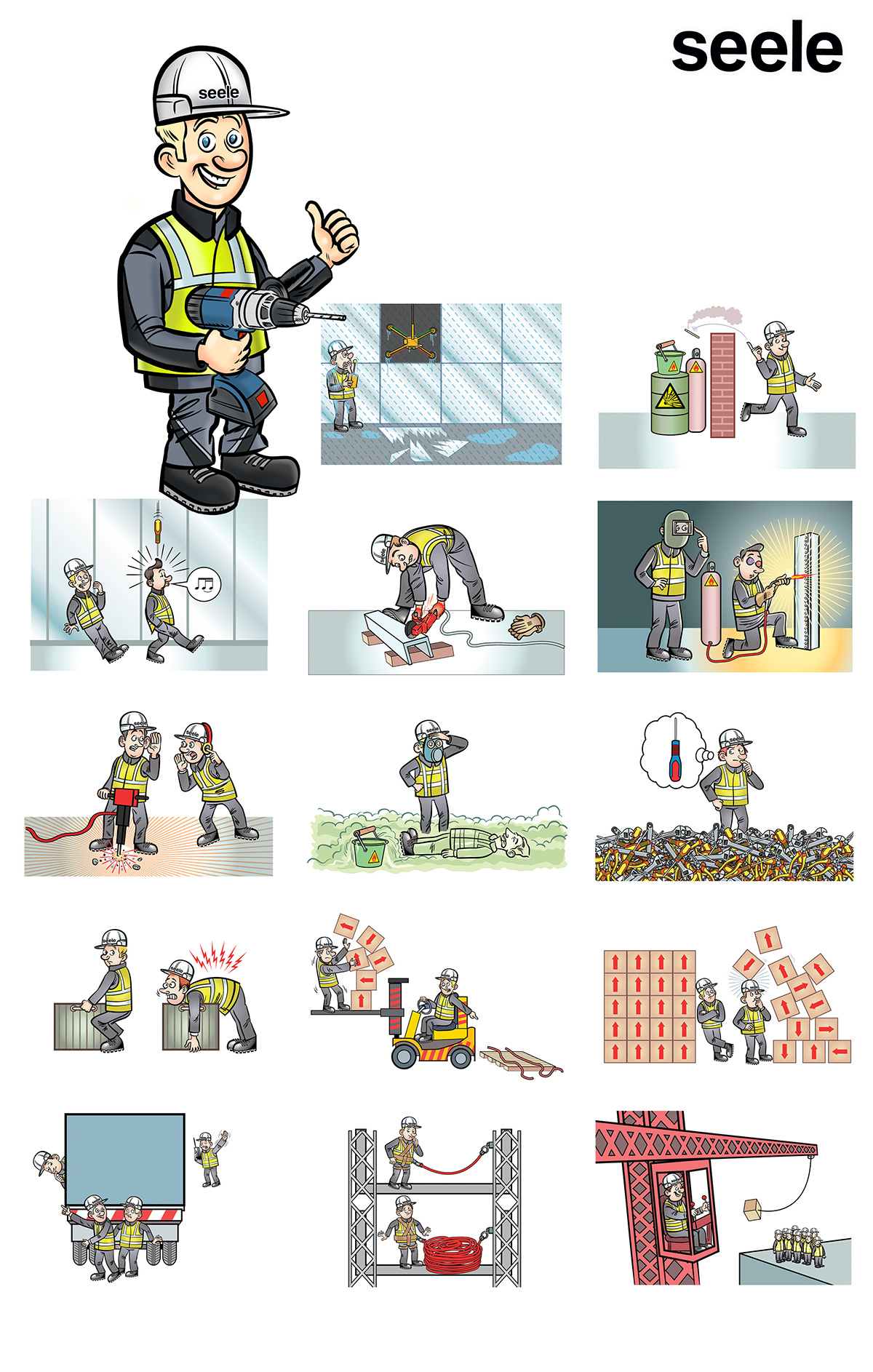 Illustrated mascot OSKAR in safety and construction scenarios for Seele GmbH safety campaigns.