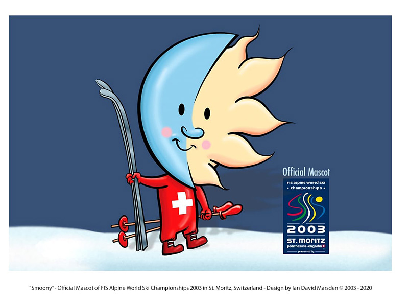 Cartoon ski mascot Smoony skiing with Swiss red scarf and blue skis