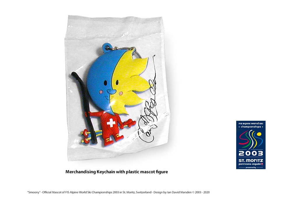 Plastic figurine keychain with ski mascot Smoony designed by Ian David Marsden