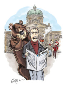 Man reads "Der Bund" with pipe, smiling bear, domed building, and photo-taking people in background.