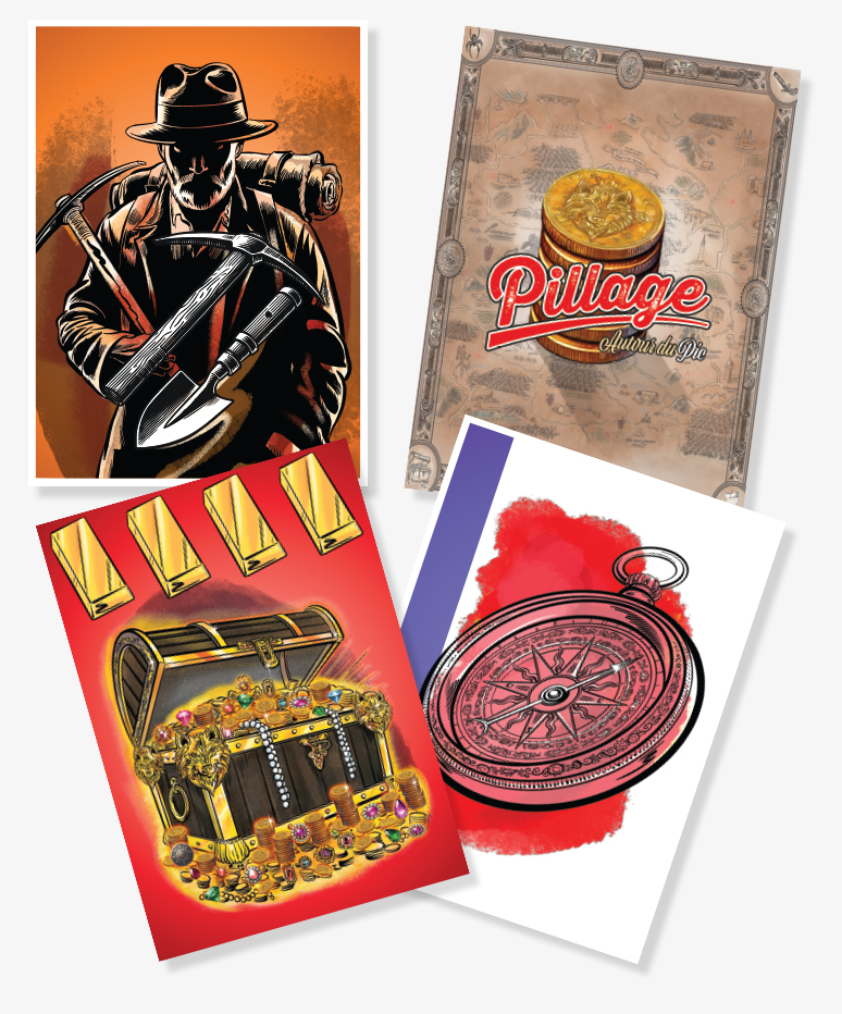 PILLAGE board game cards featuring prospector, treasure map back, compass, and gold bars