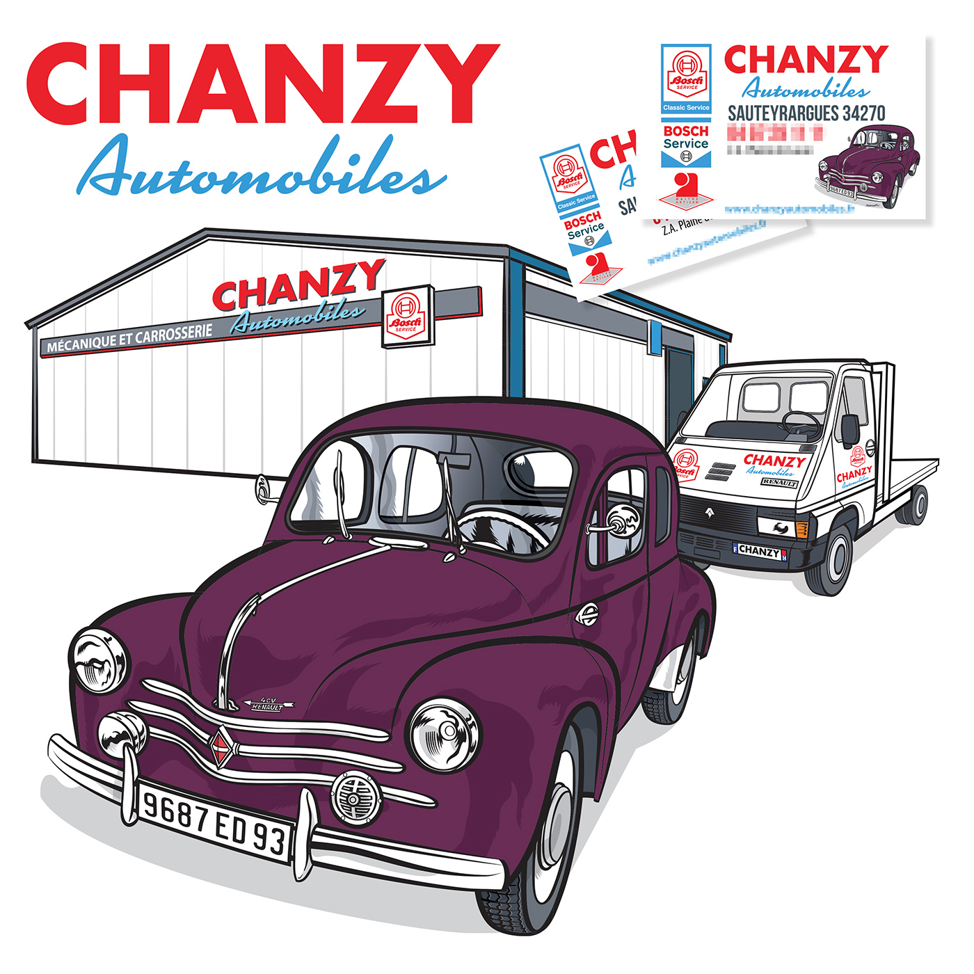 Illustration vectorielle du garage Chanzy avec voiture ancienne, dépanneuse rétro, logo personnalisé et icônes de service