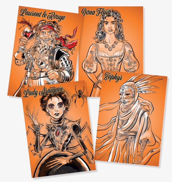 Illustrated fantasy character cards with portraits from board game Pillage
