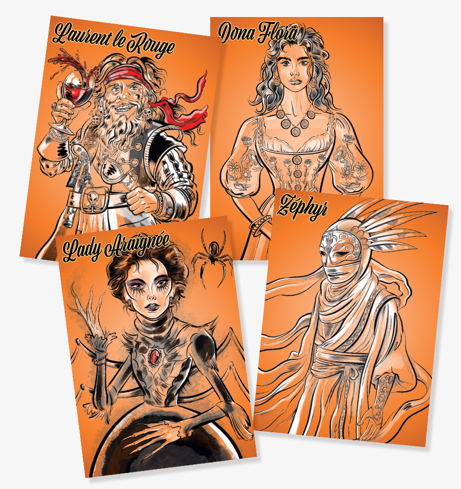 Illustrated fantasy character cards with portraits from board game Pillage