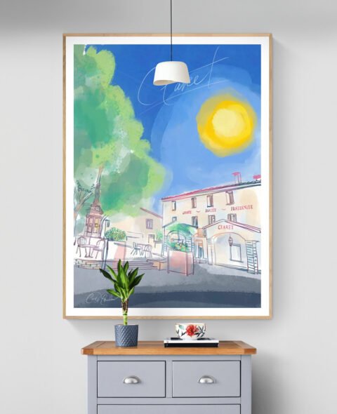 Artistic poster of Claret village place de l'hermet featuring the sunlit square, iconic fountain, and charming architecture, illustrated in a bright and elegant style by Ian David Marsden