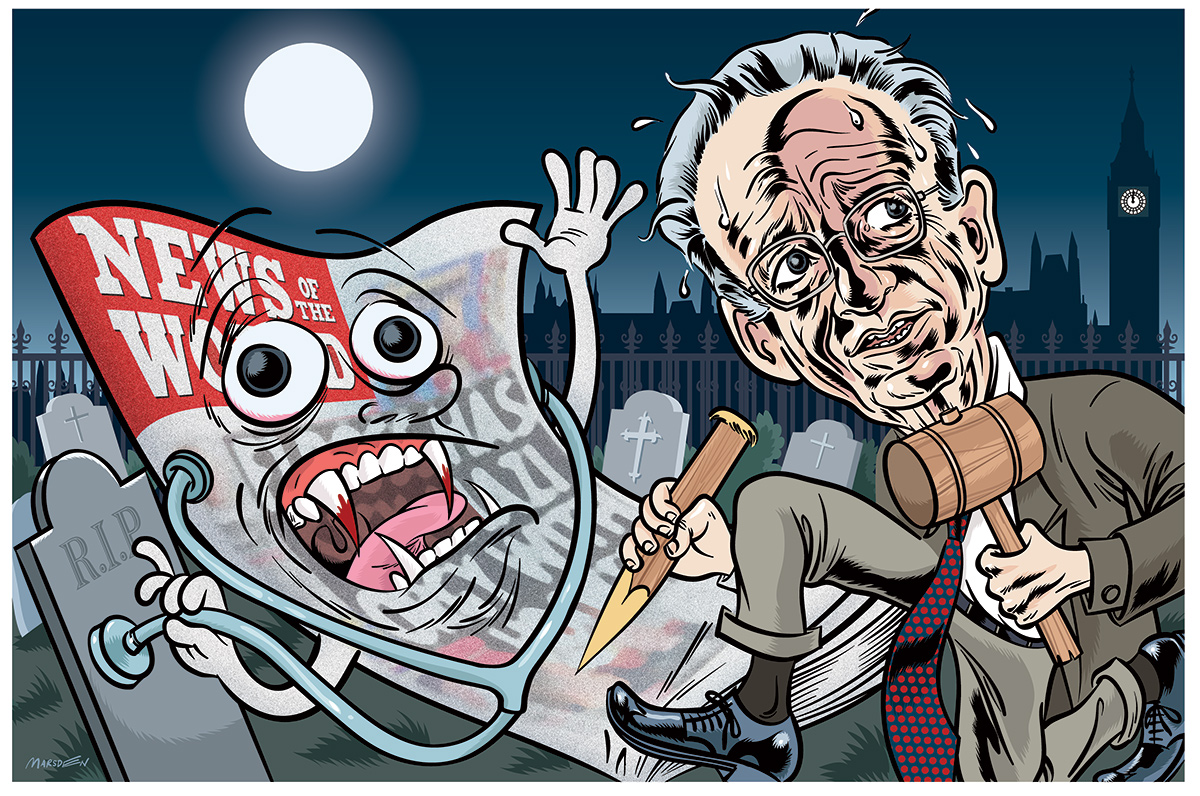 Caricature of a man hunting a vampire-themed newspaper at night with a mallet and stake.