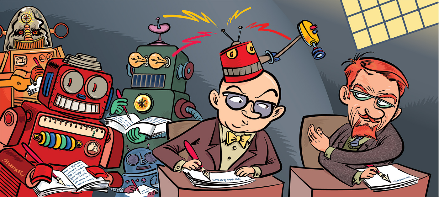 Cartoon of writers surrounded by robots and scientists, retro comic style