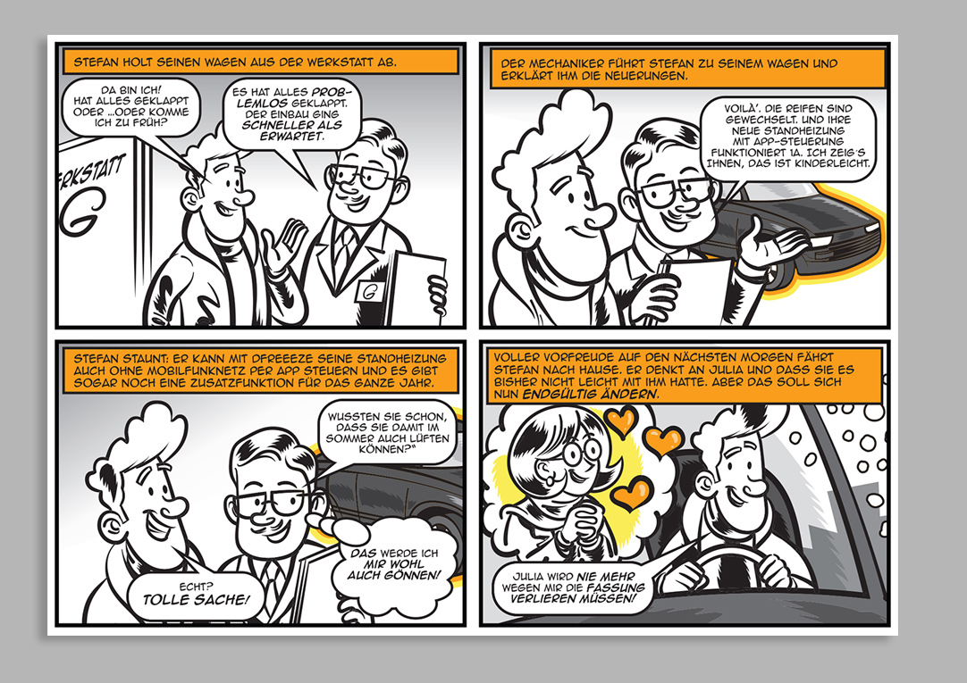 Stefan learns about new car updates, excitedly drives home, thinking of Julia.