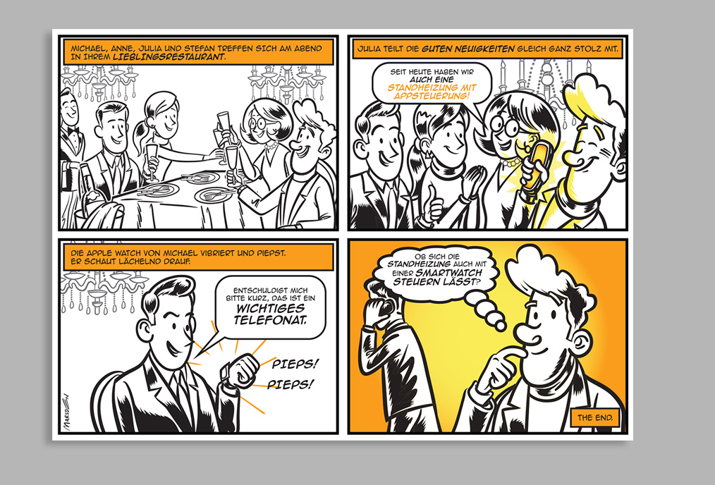 Four friends dine, discuss app-controlled heater; one gets a smartwatch call.