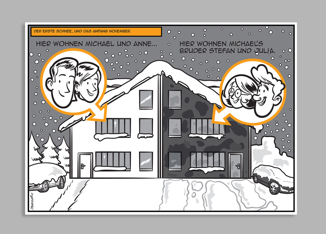 Cartoon of two snow-covered neighbor houses with snowflakes, cars, and trees.