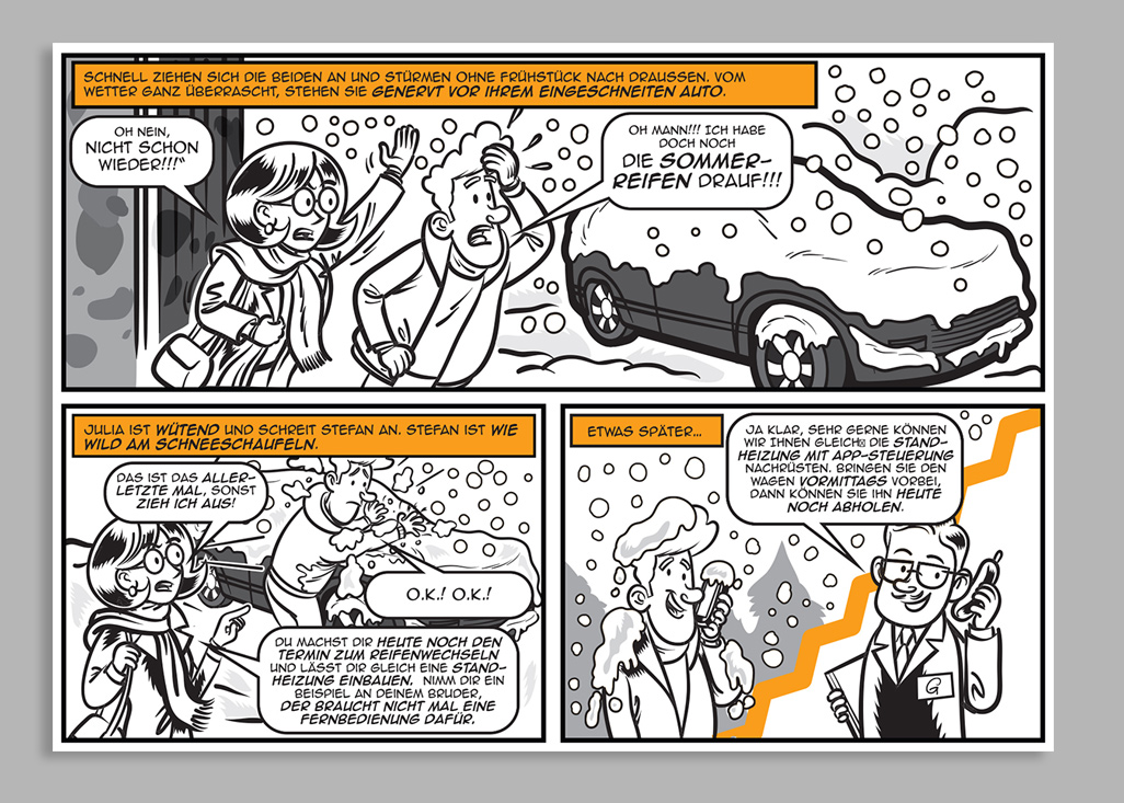 Couple discovers car buried in snow; handles tire change and installs engine heater app.