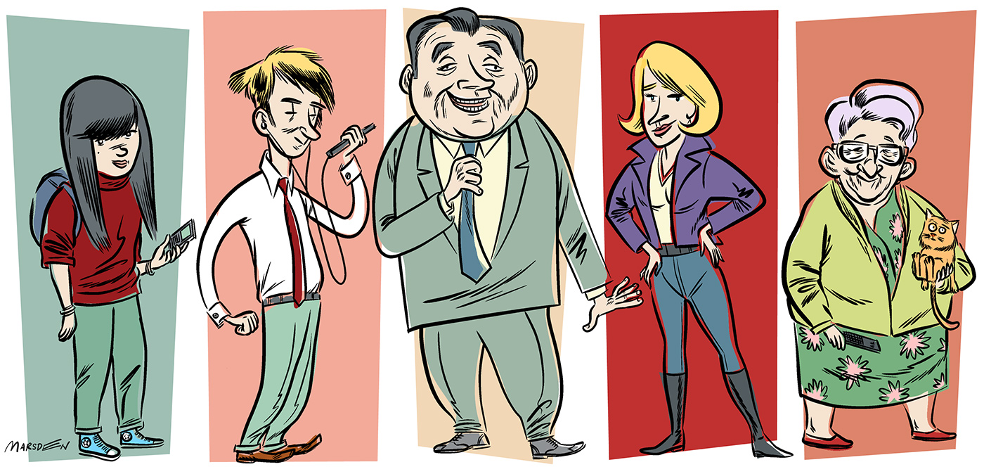 youth with phone, person with mic, suited individual, casually dressed, elder with cat.