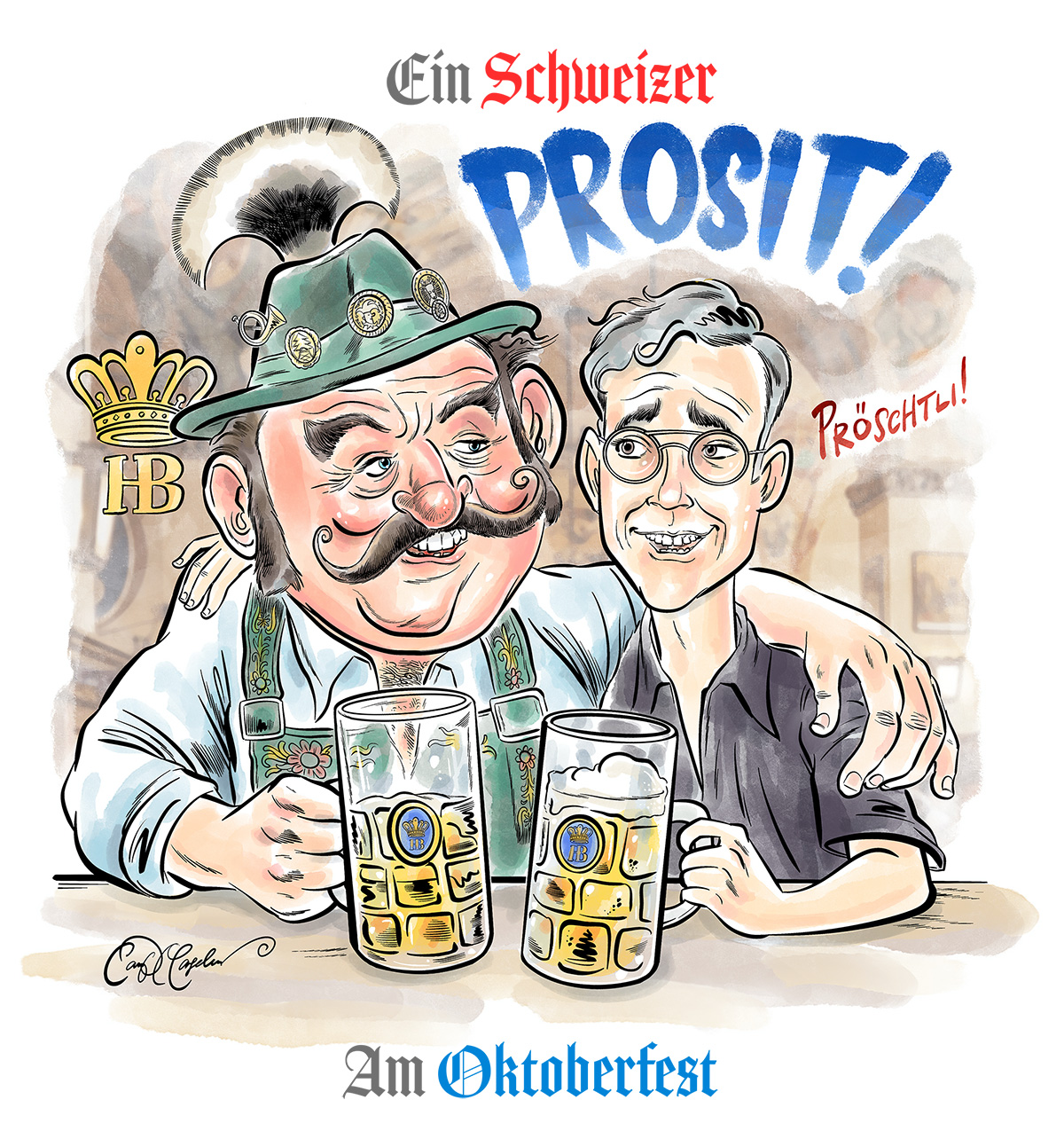 A lively cartoon titled Ein Schweizer am Oktoberfest by Ian David Marsden. This illustration captures a jovial Bavarian in traditional attire raising a toast to a happy yet slightly intimidated Swiss tourist, celebrating the festive spirit of Munich’s iconic Oktoberfest.