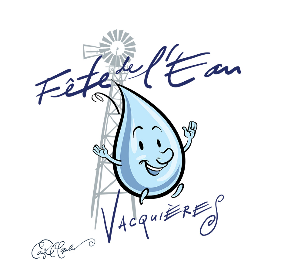 Smiling water droplet character with windmill, text reads "Fête de l'Eau" and "Vacquières".