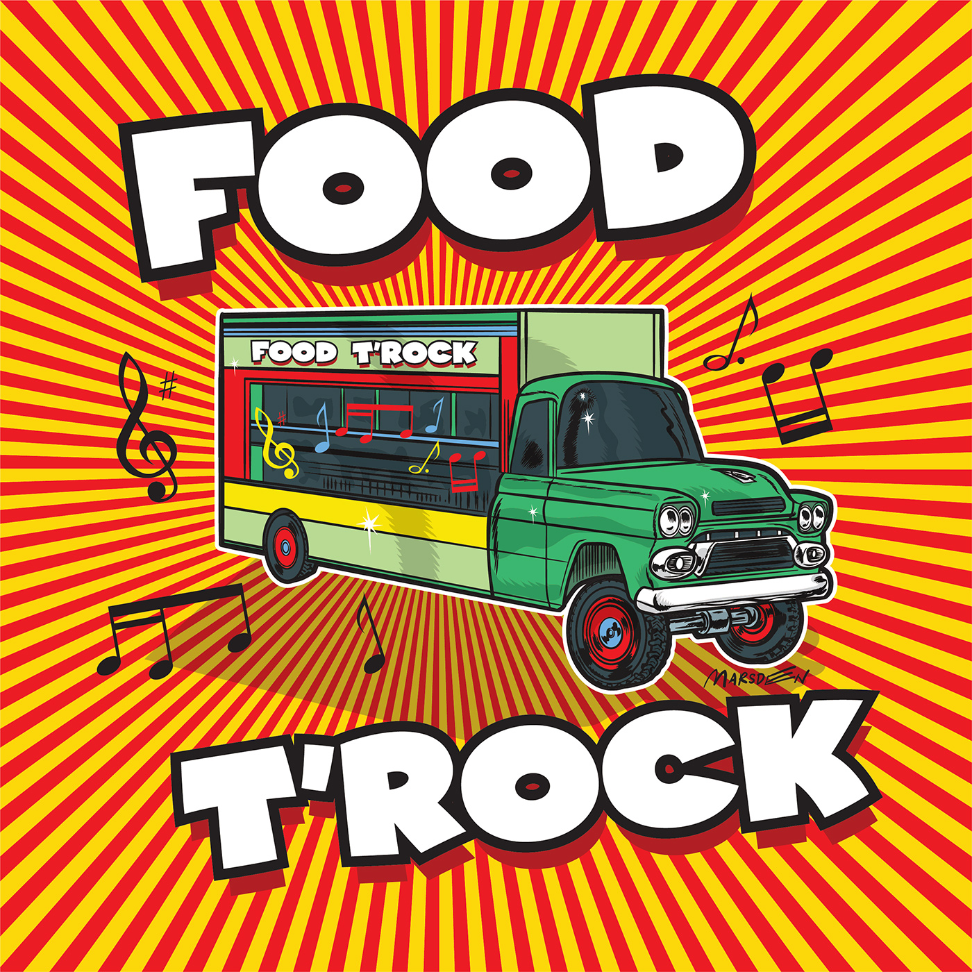 Green food truck "Food T'Rock" with musical notes on red-yellow striped background.