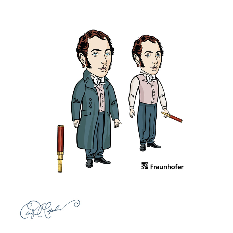 Illustrated Joseph von Fraunhofer character created for corporate animation and communication
