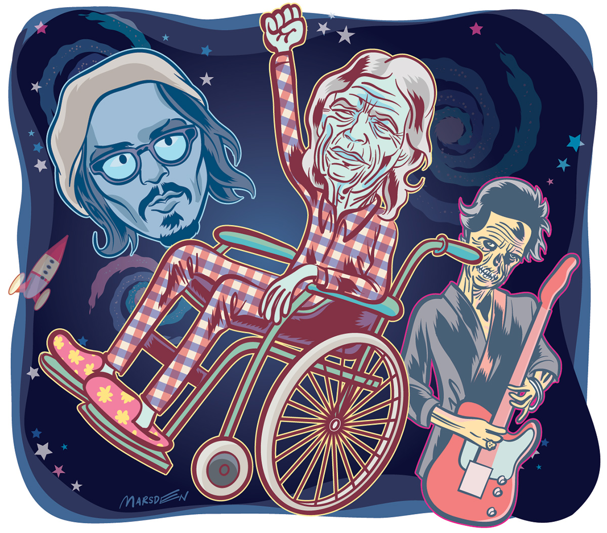 a person in a wheelchair, a guitarist, and a stylized face.