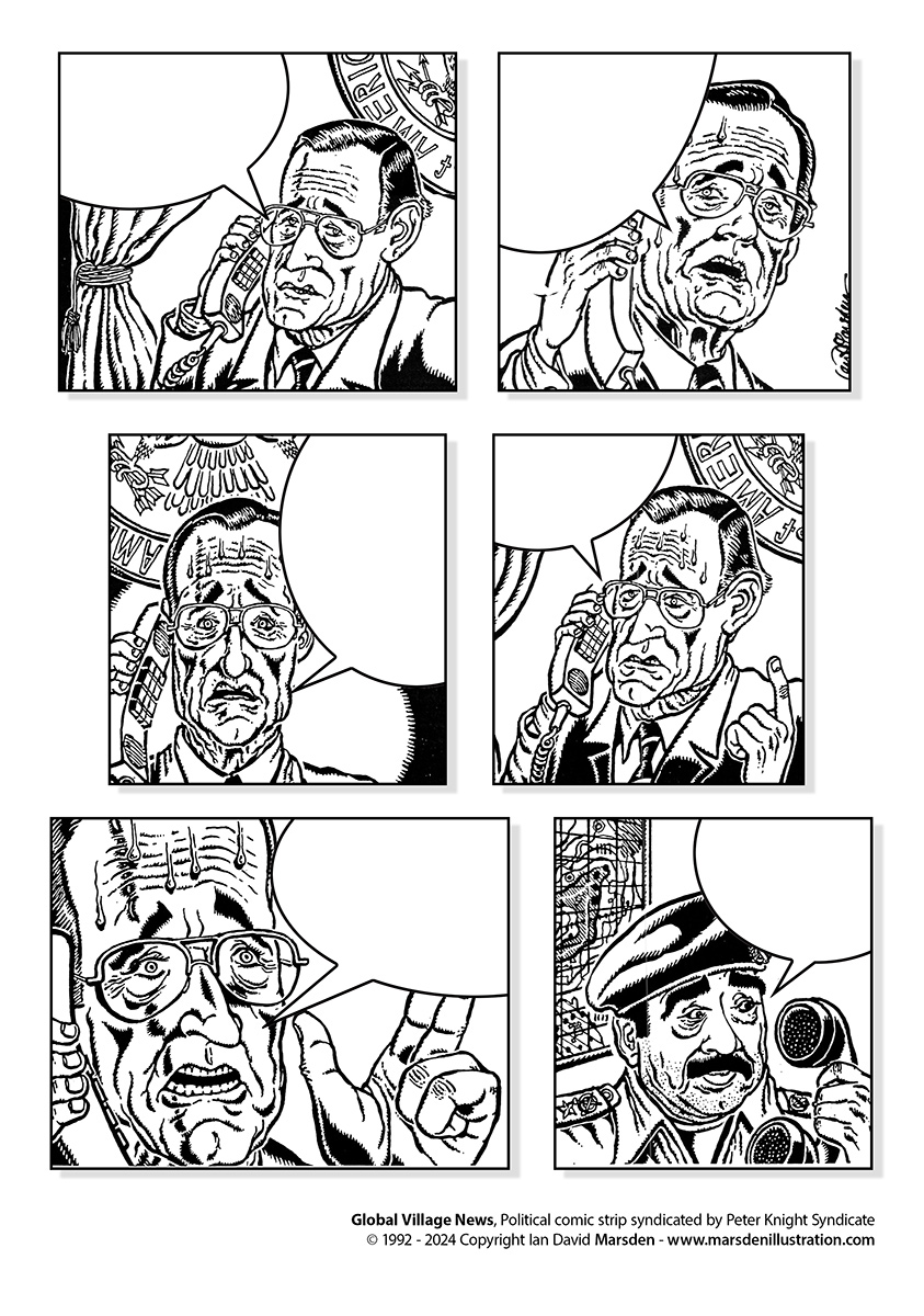 Five-panel comic strip depicting a worried man on the phone, then a confident man in uniform.