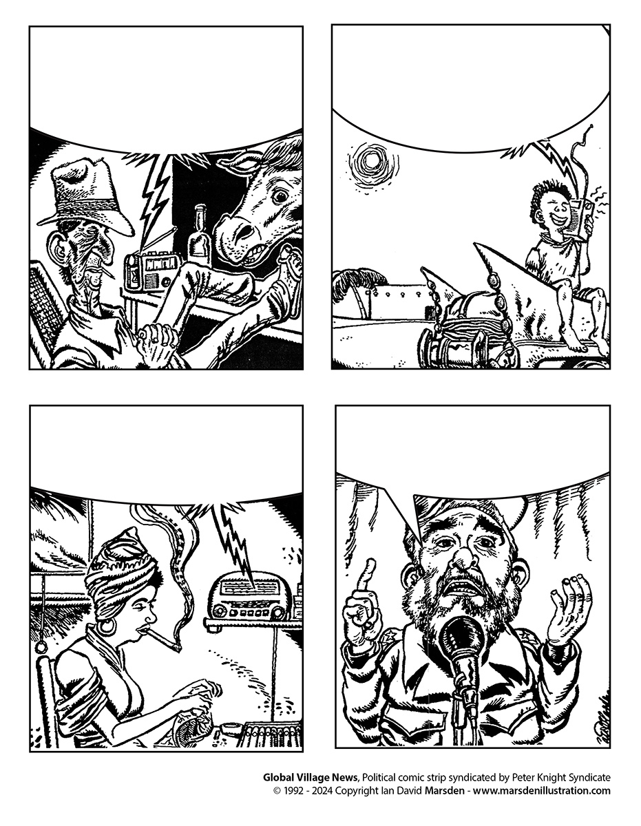 man relaxing, child listening, woman knitting, speaker broadcasting.