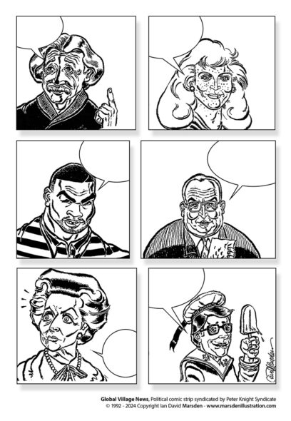 Six black-and-white comic panels in a 2x3 grid, each with a speech bubble and a different character.