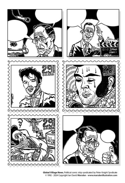 Comic strip with TV host, clapperboard, Elvis-themed stamps, sweating man, and thumbs-up.