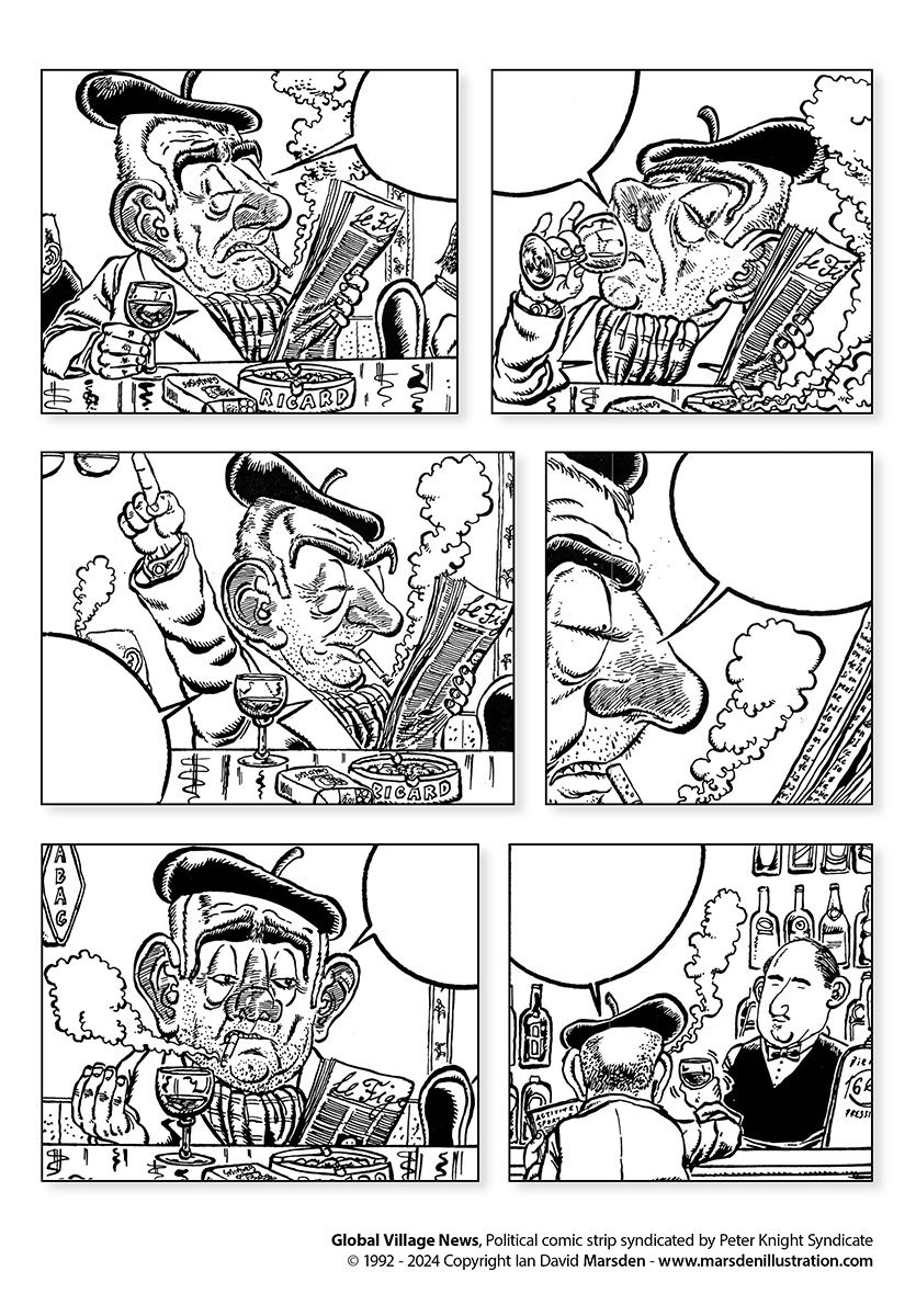 Comic strip of man in beret at cafe, smoking and reading, bartender and bottles in background.
