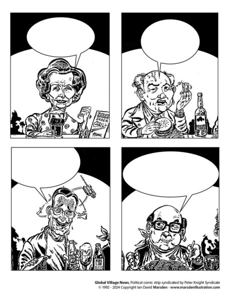 Four black-and-white comic panels of people at a table with food and drinks, each with a speech bubble above.