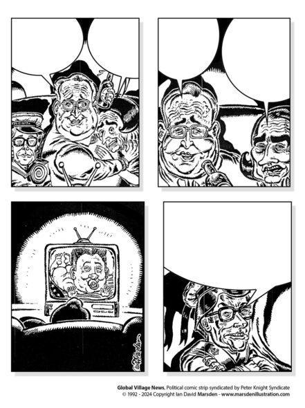 Black-and-white four-panel comic strip titled "Global Village News" by Ian David Marsden.