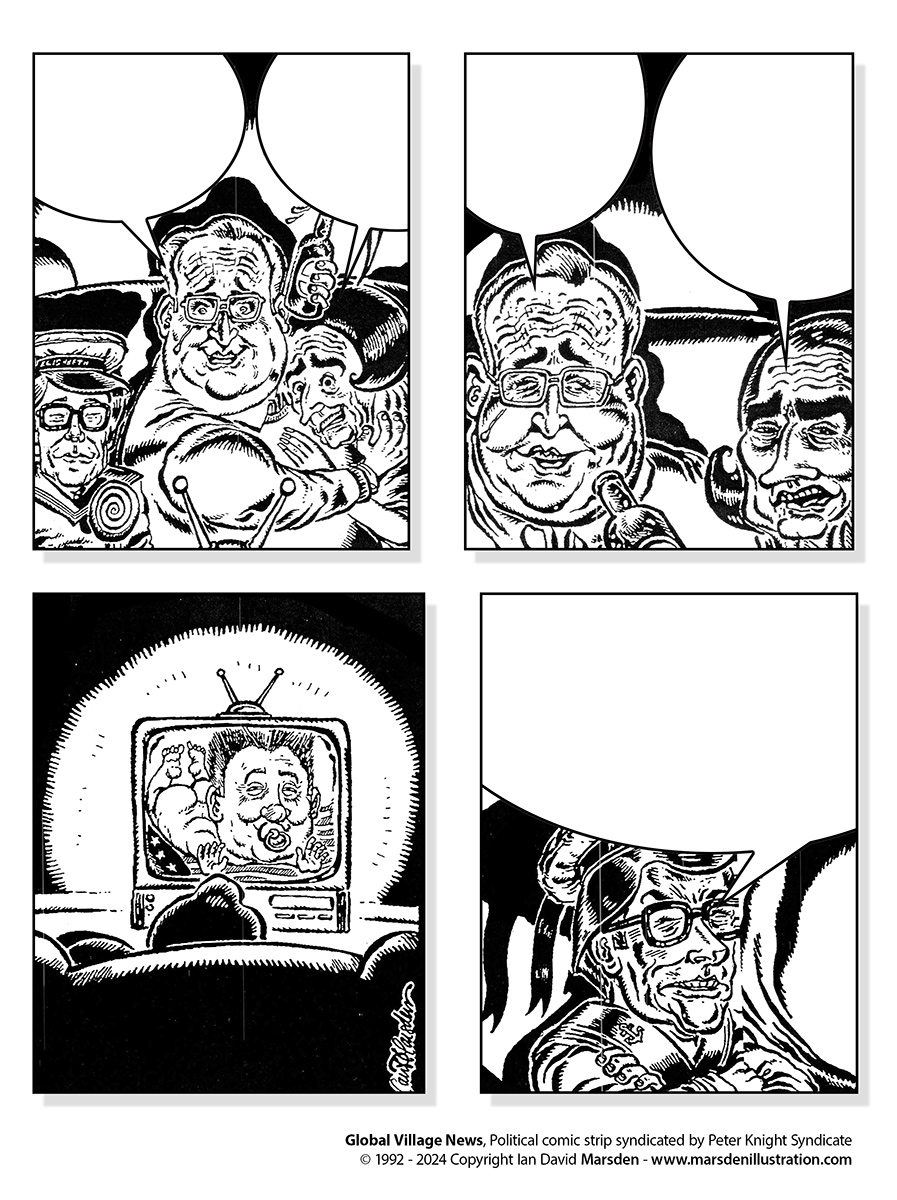 Black-and-white four-panel comic strip titled "Global Village News" by Ian David Marsden.